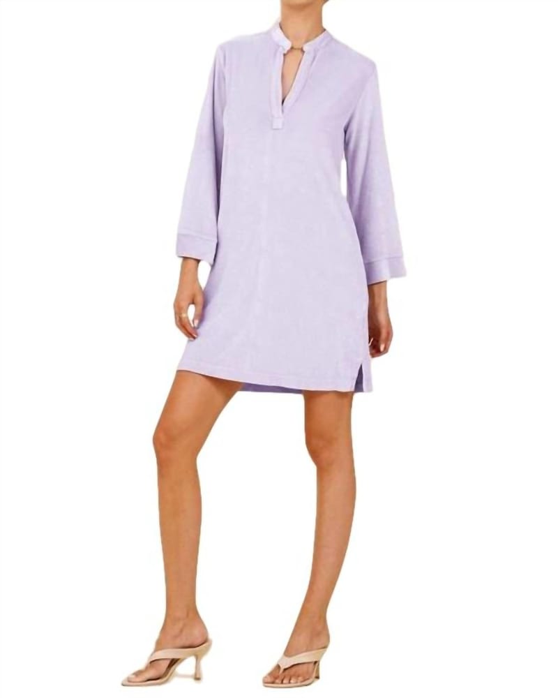 Front of a model wearing a size L Laguna Velour Shirt Dress in Light Lilac in Light Lilac by LAmade. | dia_product_style_image_id:342681